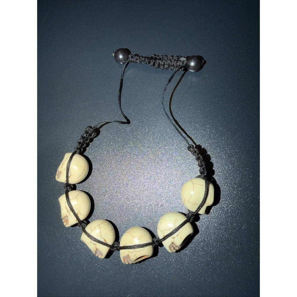 New Skull Bead Adjustable Bracelet White Skull Beads Black Braided Cord Gothic